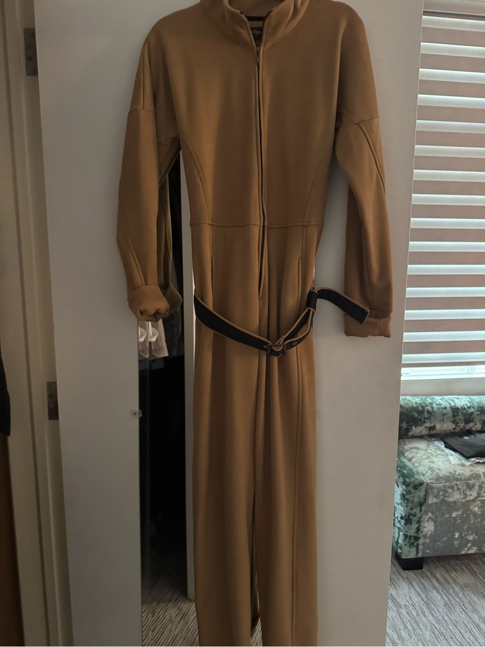 BGL Camel Zip-Front Long-Sleeve Belted Jumpsuit
